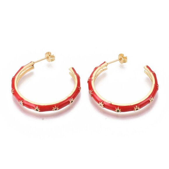 NWOT Red Enamel Stud Hoop Earrings With Cz Sun Pattern Large Striking 2/$10 - Picture 2 of 3